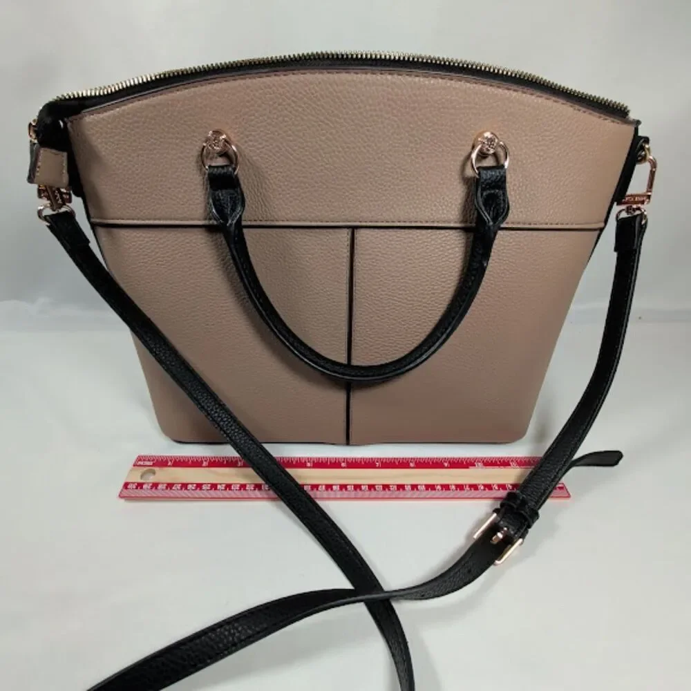 Anne Klein Taupe Black Pebbled Faux Leather Satchel Crossbody Shoulder Bag